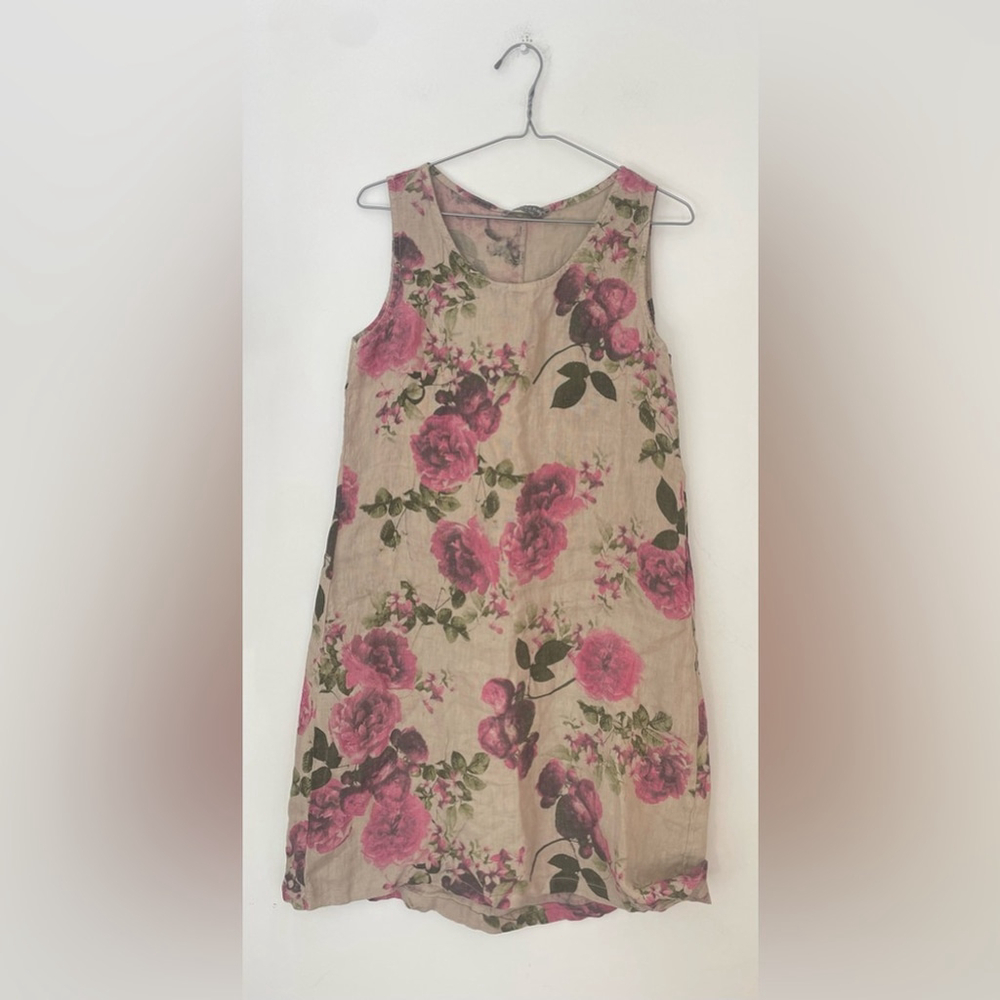 pistache Made in Italy 100% Linen Floral Tank Dress β Pink Rose Print β Size XS - Picture 2 of 7